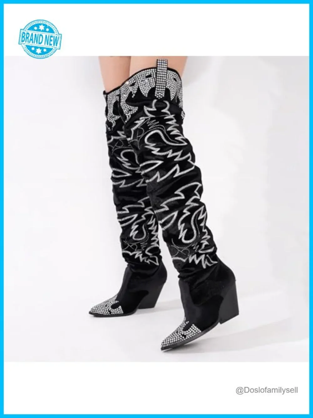Rhinestone Embroidered Thigh High Slouchy Wide Calf Pull On Boots with Memory